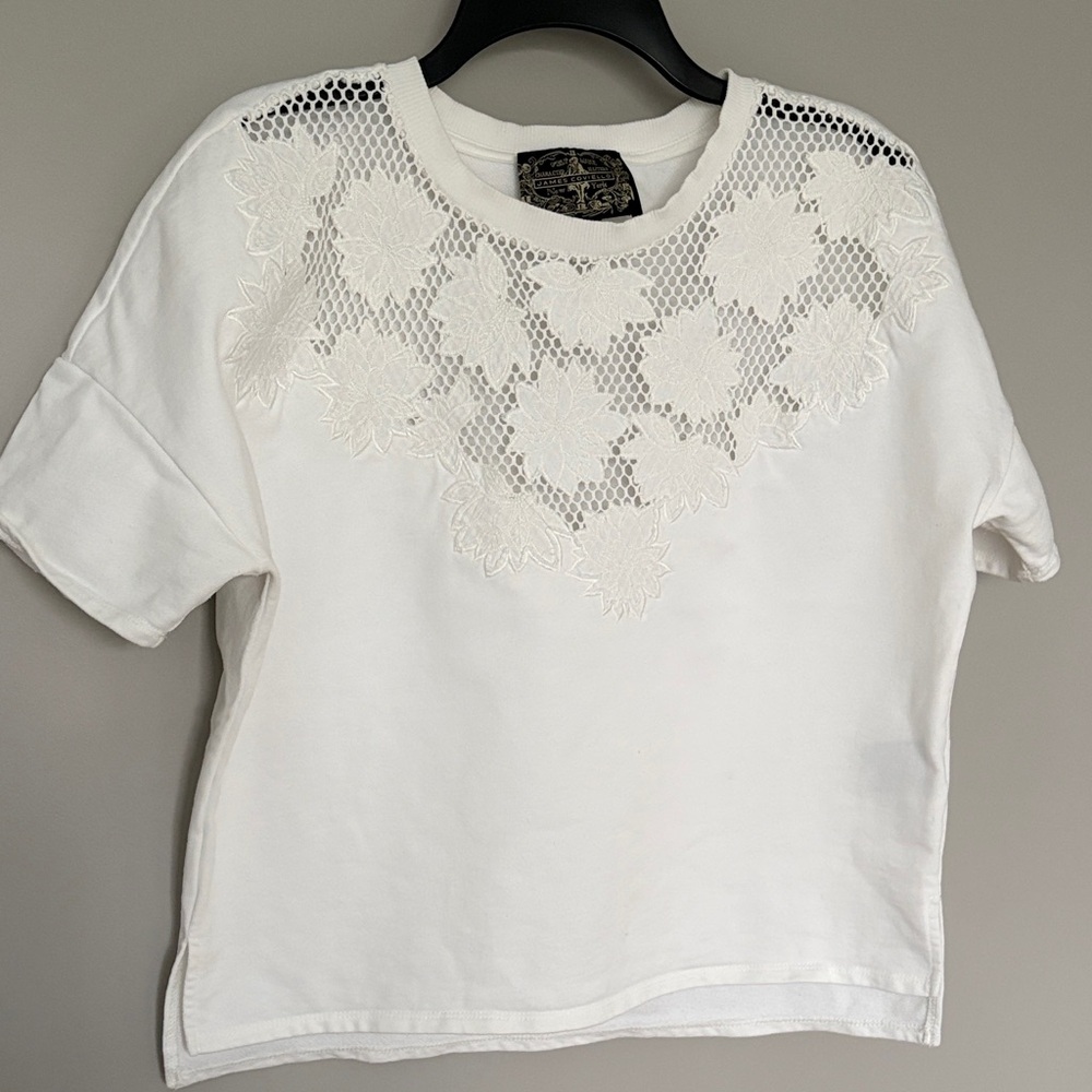 White Short Sleeve Top with Lace Yoke
